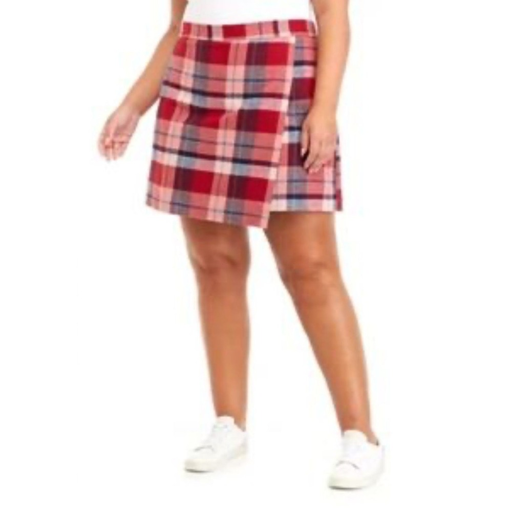 True Craft Women Plus 22W Red Plaid A-Line Knee Length Skirt schoolgirl clueless